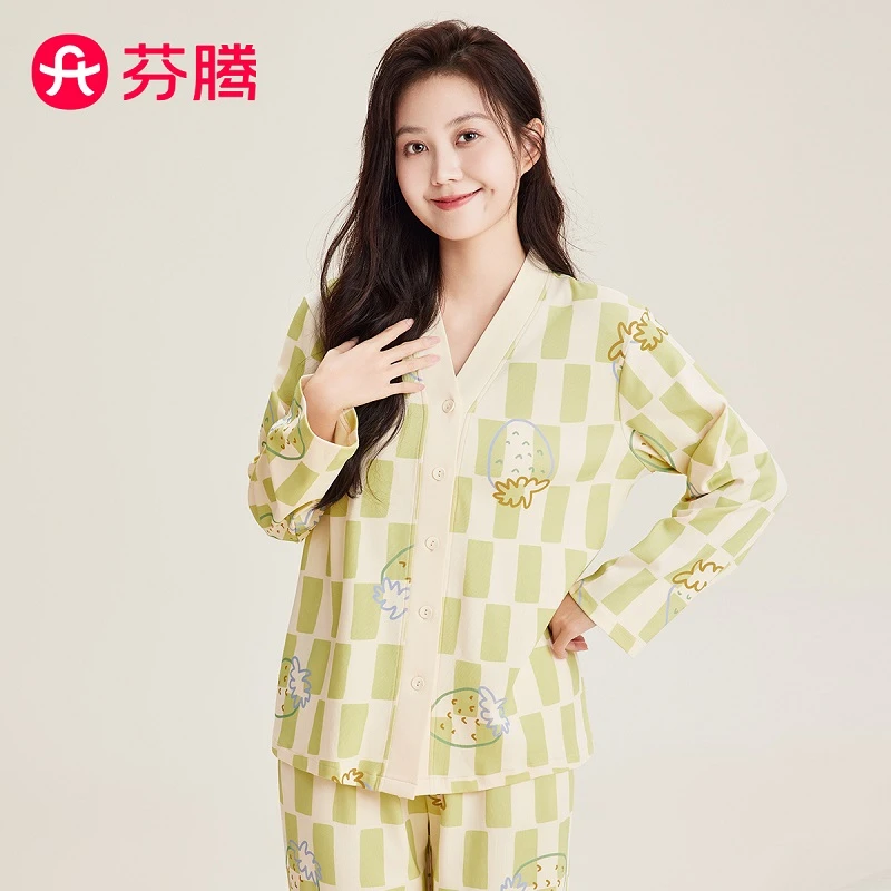 芬腾100%棉早秋开衫V领格纹菠萝卡通印花家居服女士睡衣女