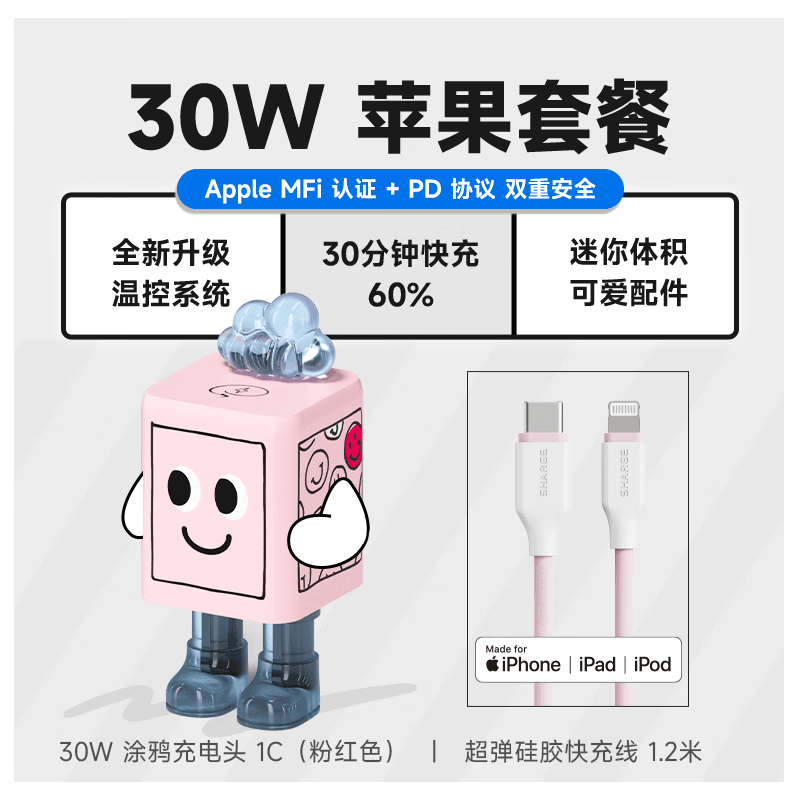 闪极（Sharge） 30W氮化镓充电器兼容PD20W涂鸦快充头适用苹果安卓