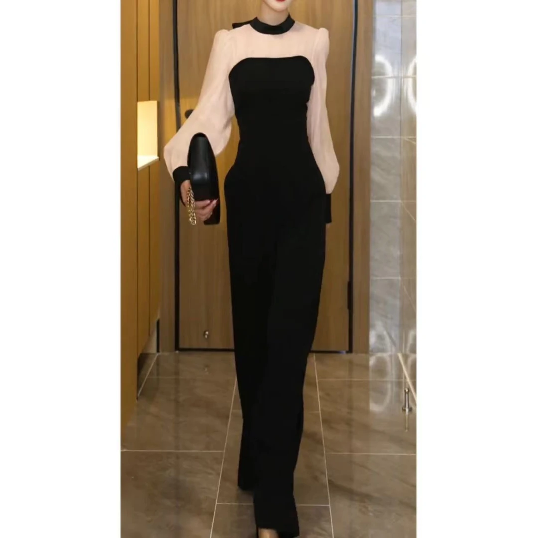 时尚套装女2025春夏新款撞色网纱泡泡袖显瘦连体裤