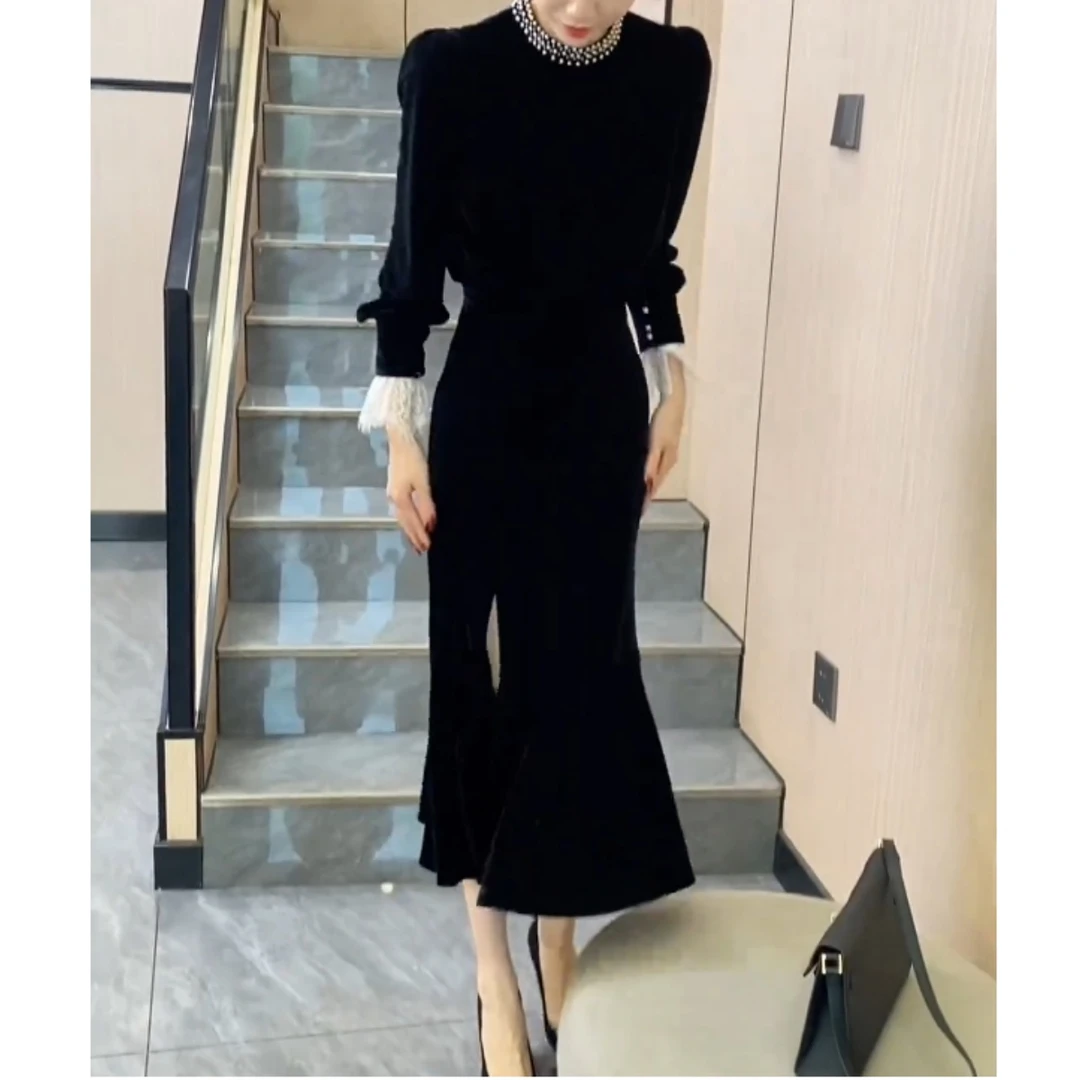 2025新款时尚百搭修身款拼接金丝绒连衣裙