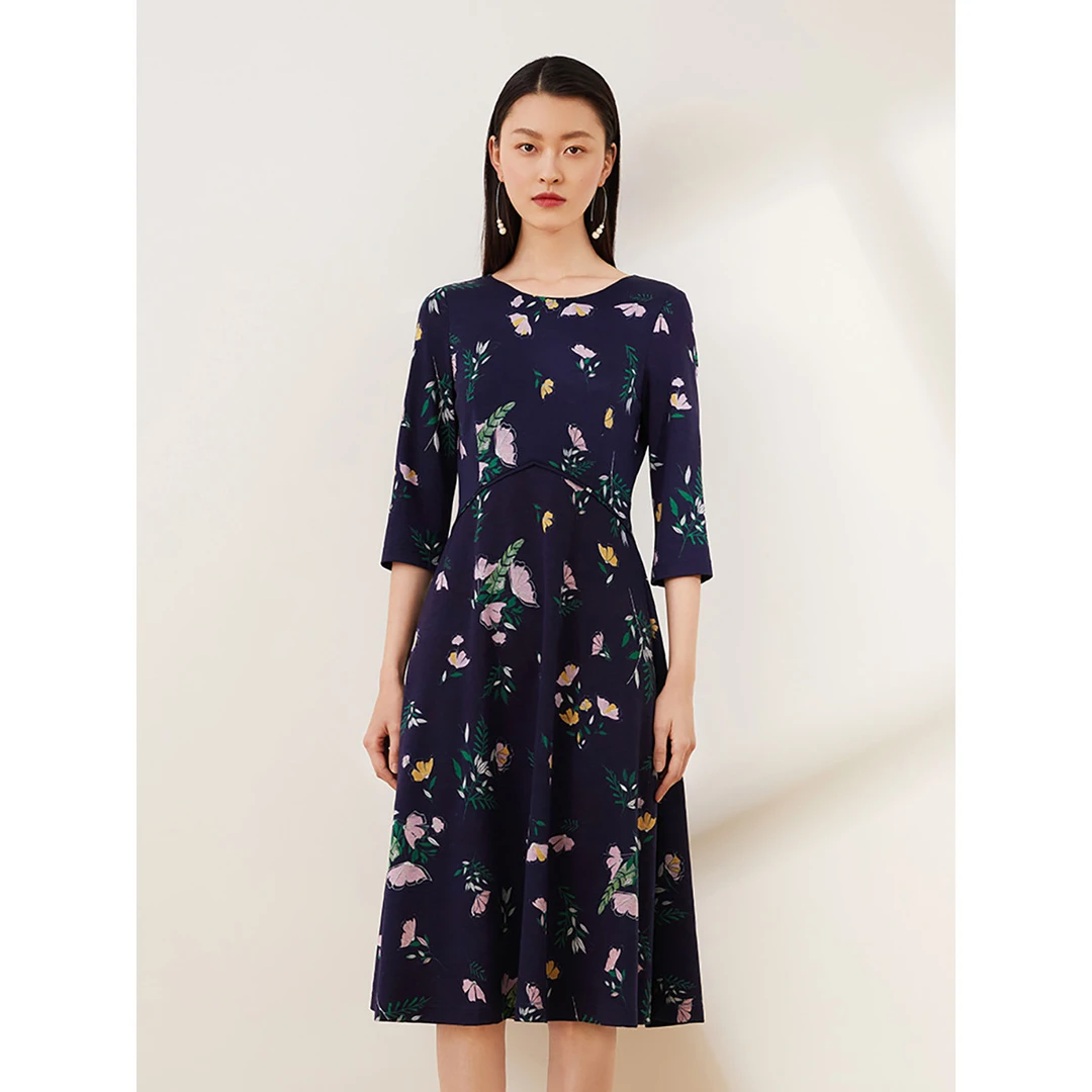 dunnu修身圆领高腰七分袖连衣裙DQ150116