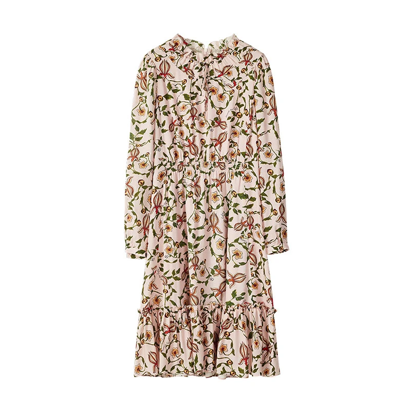 dunnu敦奴木耳领收腰中长款印花连衣裙DQ552130