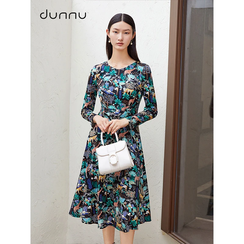 dunnu敦奴收腰中长款印花连衣裙碎花气质DQ352122