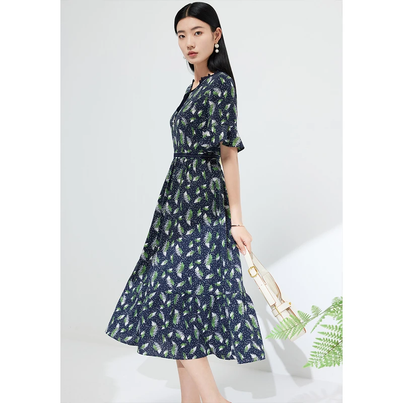 dunnu敦奴复古印花雪纺连衣裙收腰长裙8S250943