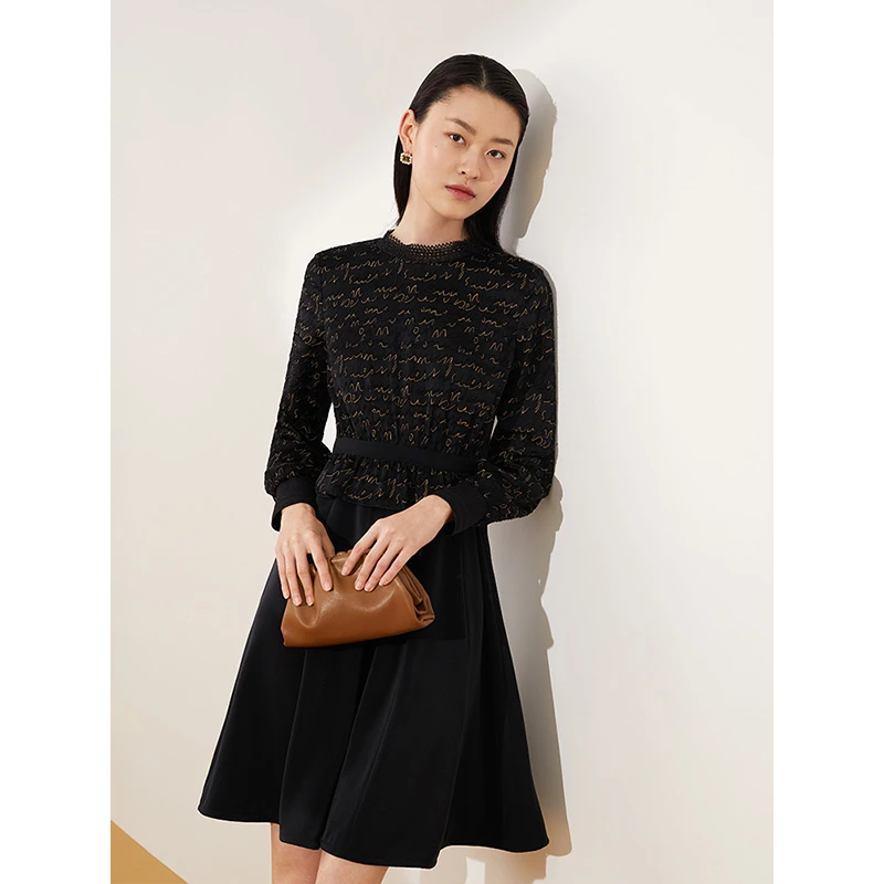 dunnu敦奴春蕾丝拼接圆领假两件连衣裙气质DQ150120