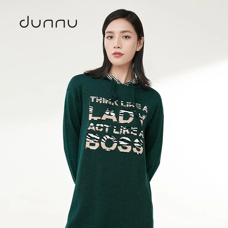 dunnu敦奴休闲连帽针织裙亮丝连衣裙DP552121