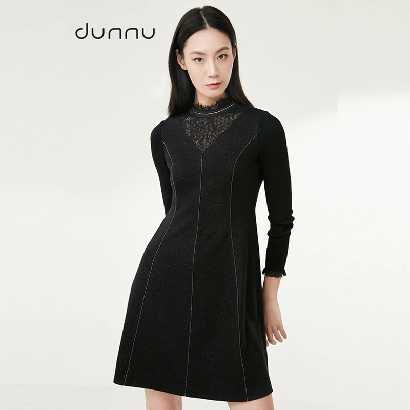 dunnu敦奴收腰针织黑色收腰显瘦连衣裙DP552125