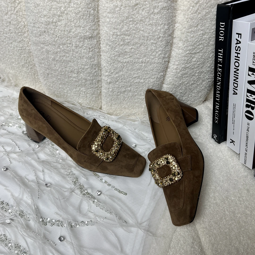 羊皮5CM气质浅口百搭黑色粗跟高跟方头方扣跟鞋2071