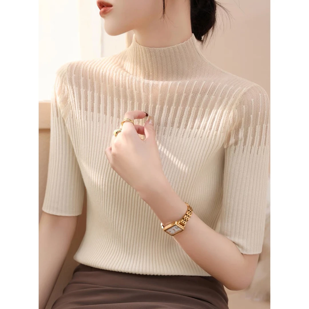 2024年新款半高领五分袖针织衫法式春夏季高级蕾丝网纱修身中袖女