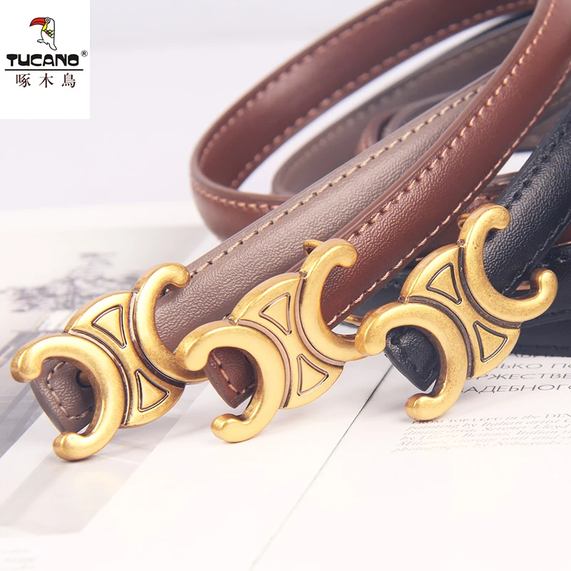 新款啄木鸟女士裙带腰带细真皮时尚百搭复古配大衣装饰连衣裙皮带