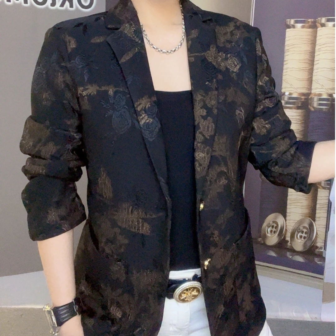 【双蝉男装】新款时尚休闲2024国风潮牌修身提花秋冬品质单西