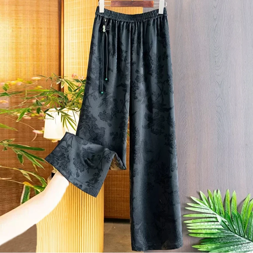 新中式奢华国风阔腿裤女垂坠感夏季薄款冰丝长裤子国潮直筒休闲裤