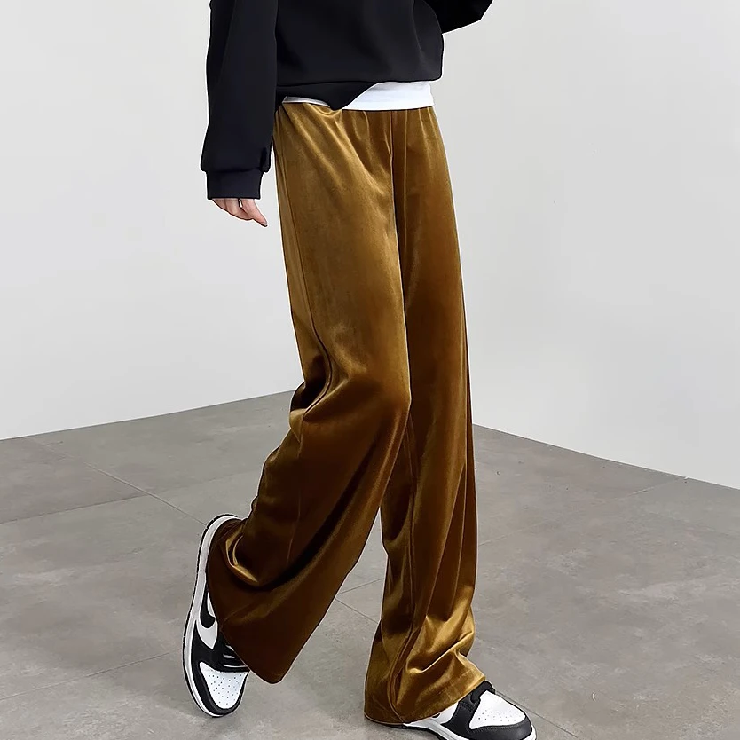 洋气时尚咖色金丝绒阔腿裤女秋冬加绒高腰休闲垂感拖地显瘦长裤