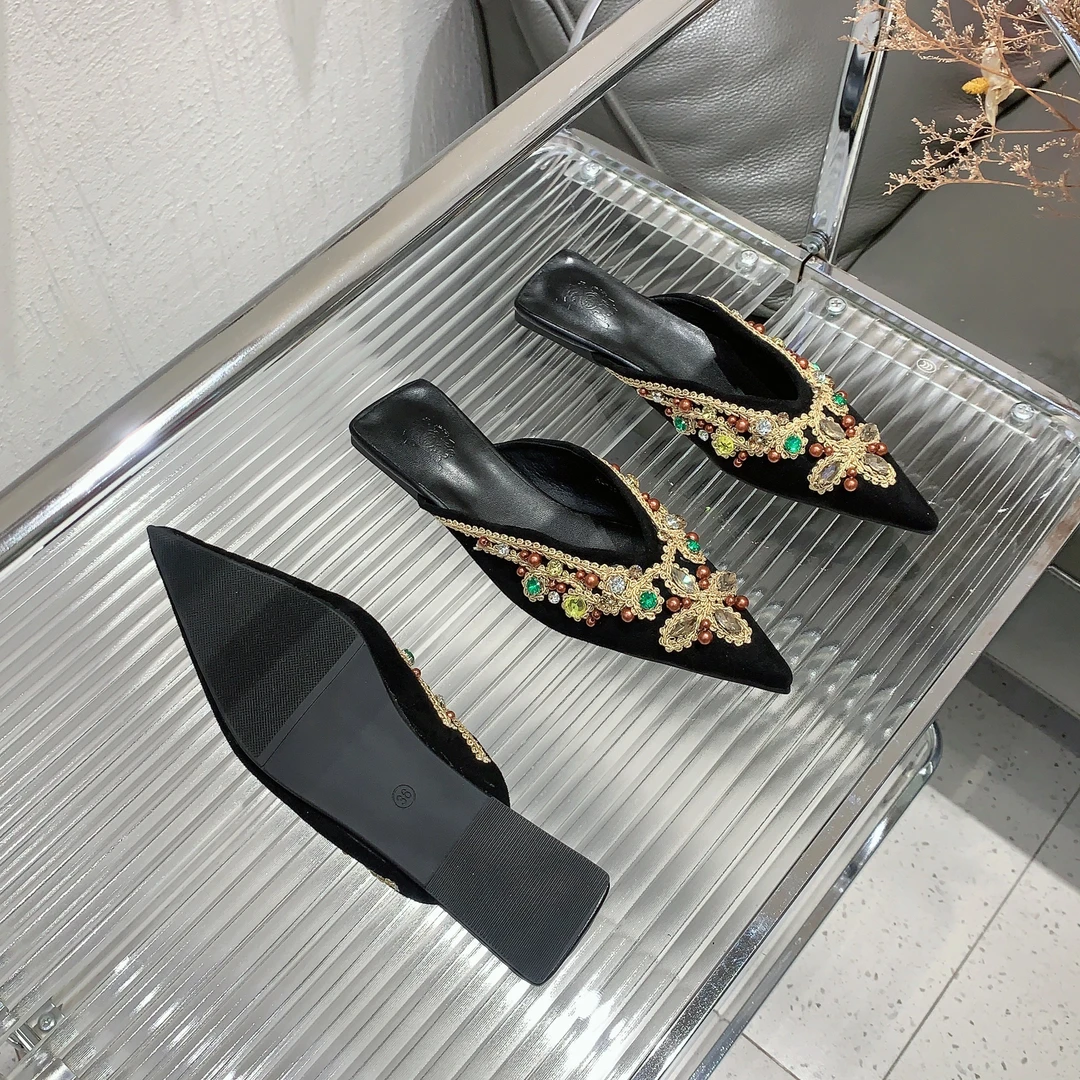 水钻异域风情穆勒鞋平底气质外穿高跟尖头拖鞋女