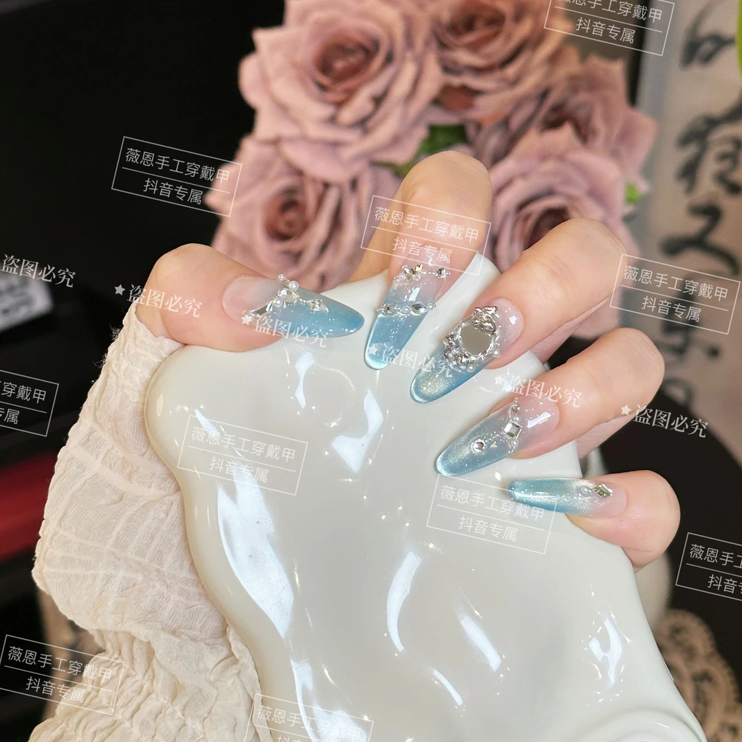 【魔镜】新品爆款手工蓝色高定猫眼百搭气质显白穿戴甲   十片装