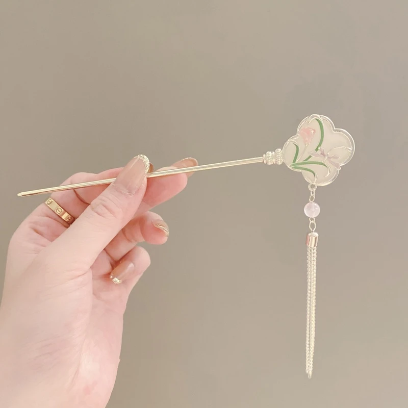 高级感优雅古风精致团扇花朵发簪步摇长流苏女童盘发簪子珍珠头饰