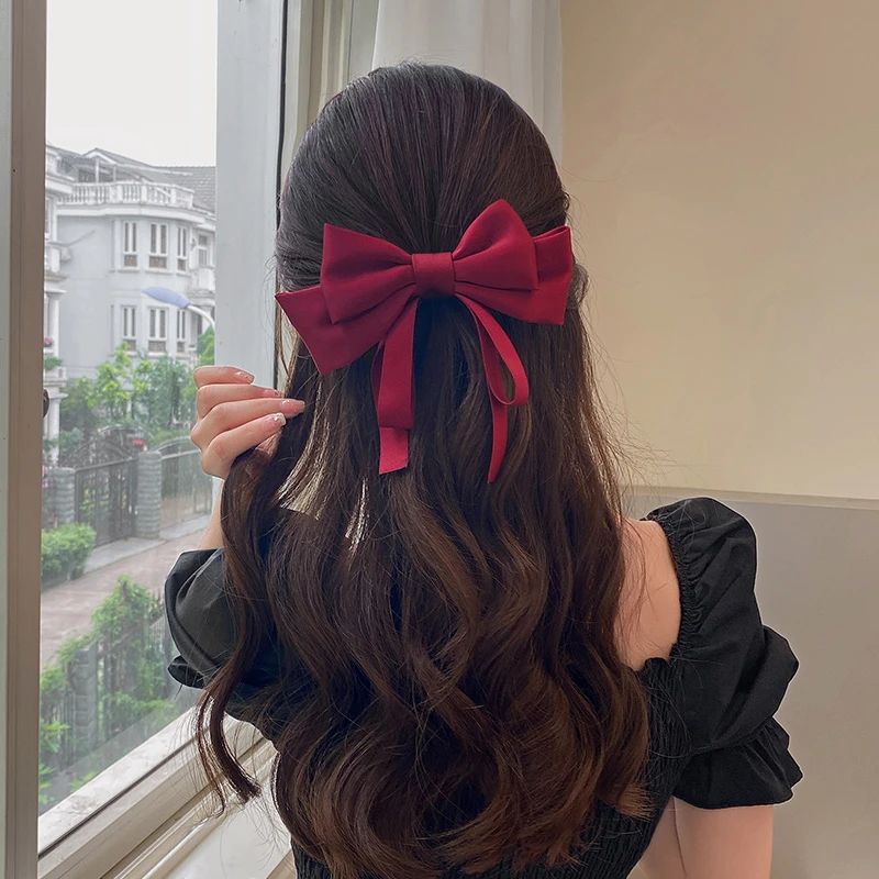 红色大蝴蝶结发夹女后脑勺半扎发发卡订婚发饰高级感飘带新娘头饰