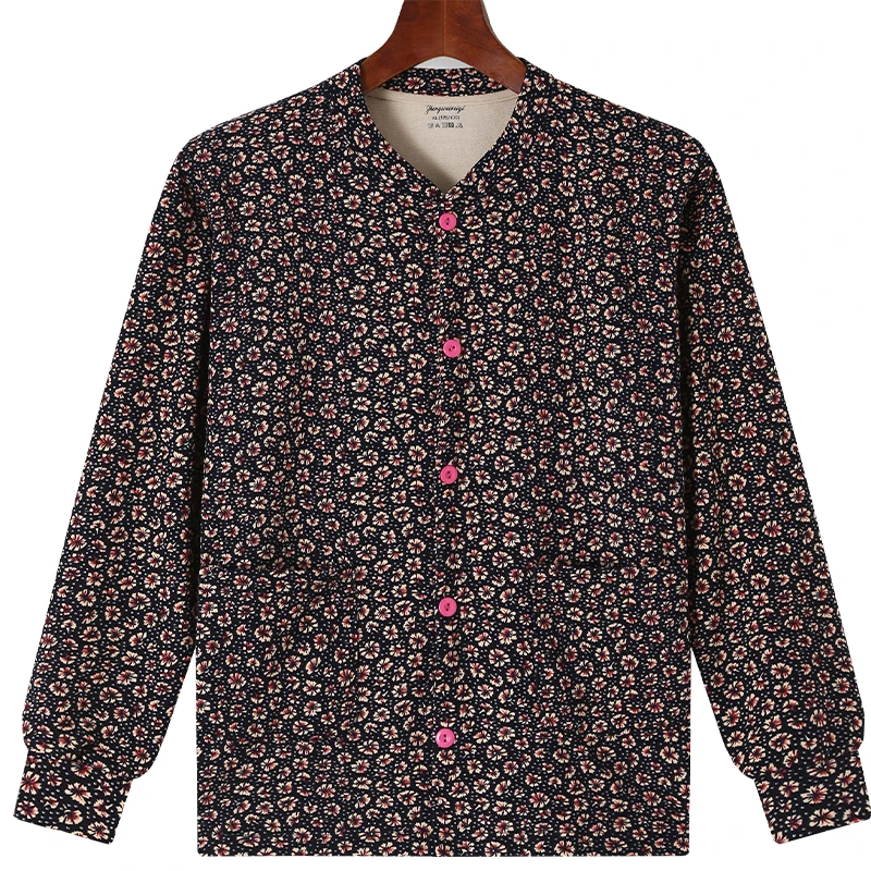 女德绒保暖上衣长袖宽松大码开衫中老年碎花线衣毛衣加厚亲肤绒