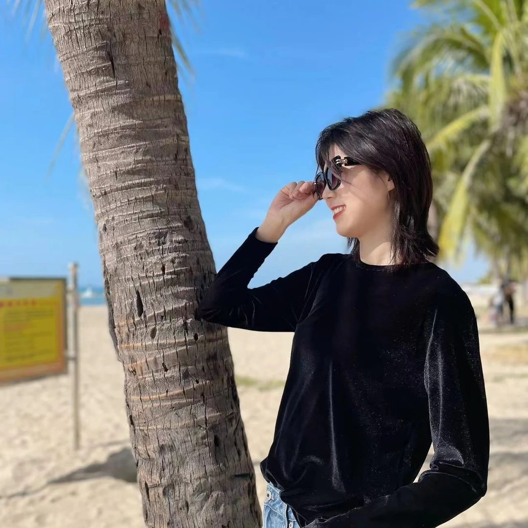 定制色高级丝绒宽松慵懒风百搭长袖T恤衫 23307