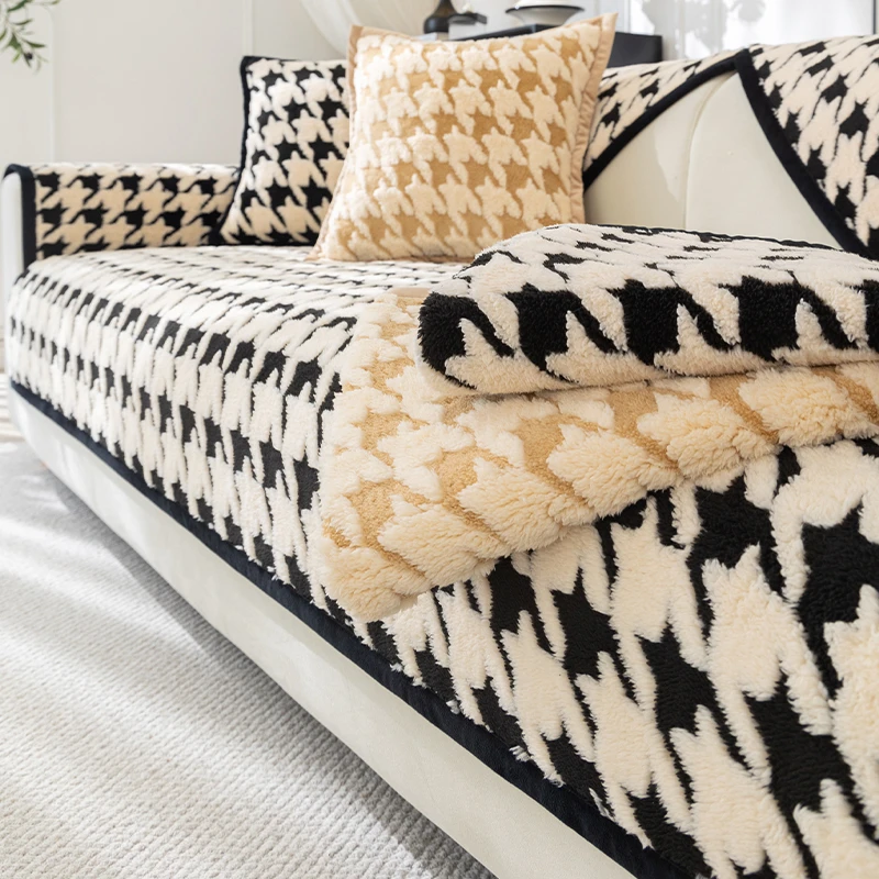 千鸟格舒棉绒沙发垫秋冬2025新款加厚毛绒沙发盖布防滑皮沙发坐垫