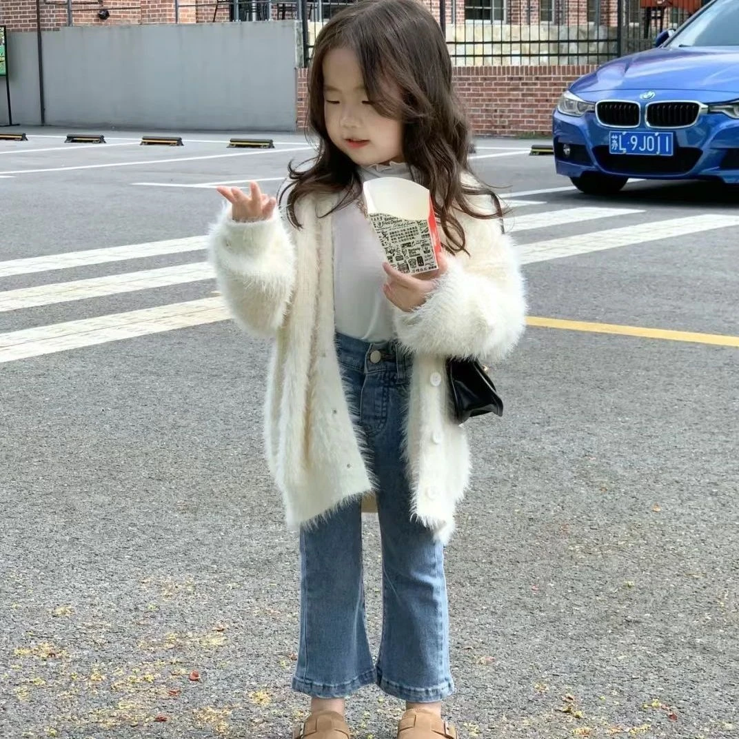 儿童秋款新款毛毛开衫2023女童时尚仿貂绒外套+儿童微喇牛仔裤潮