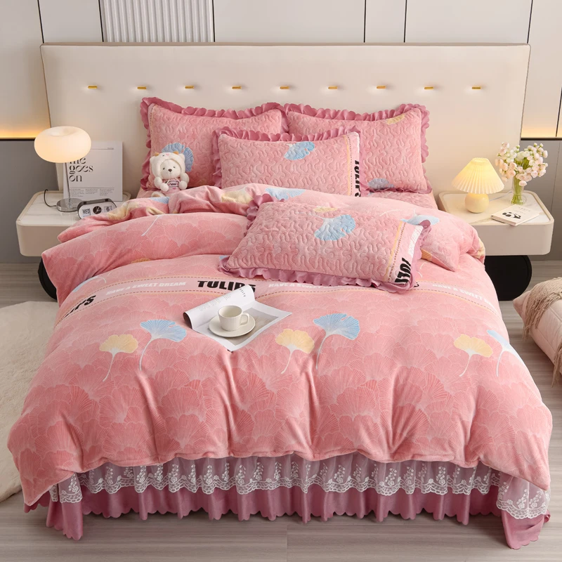 直播爆款加厚加绒牛奶绒印花蕾丝花边床裙床盖三件套四件套