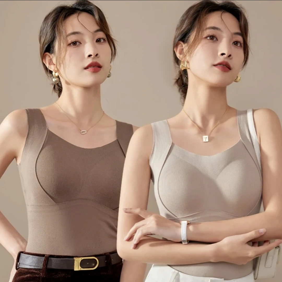 女士德绒白暖背心一体式带胸垫固定杯桑蚕丝内搭外穿无钢圈秋冬款