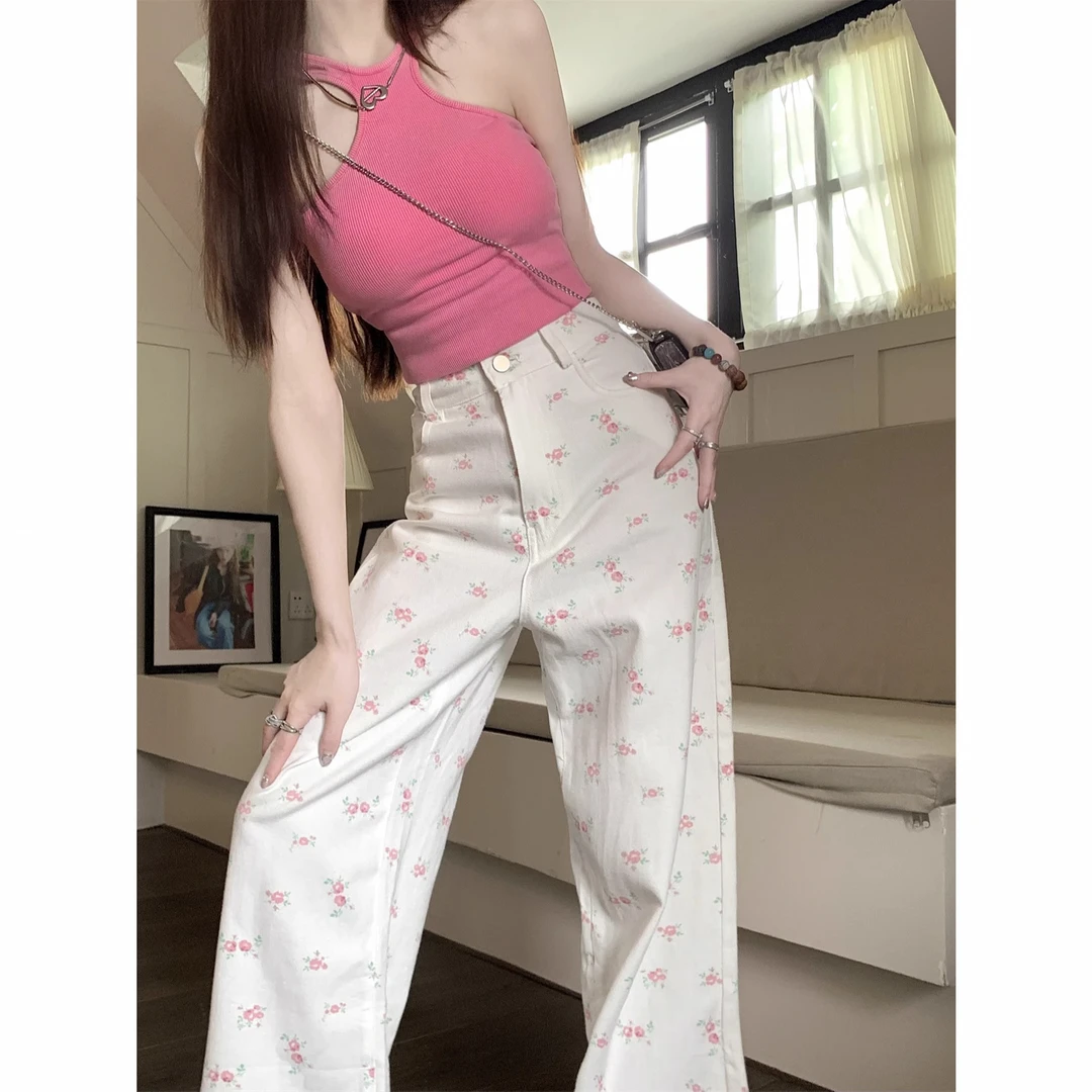 爆款白色碎花牛仔直筒裤女2024春夏时尚新款高腰显瘦设计感阔腿裤