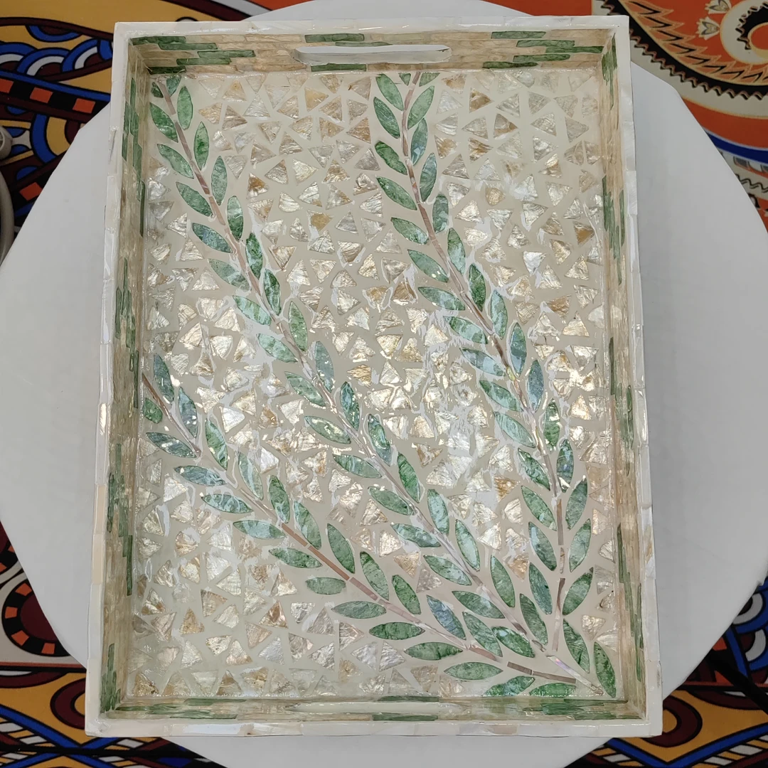 CC-贝壳镶嵌柳枝款方形托盘收纳盘贝壳饰品40CM*30CM