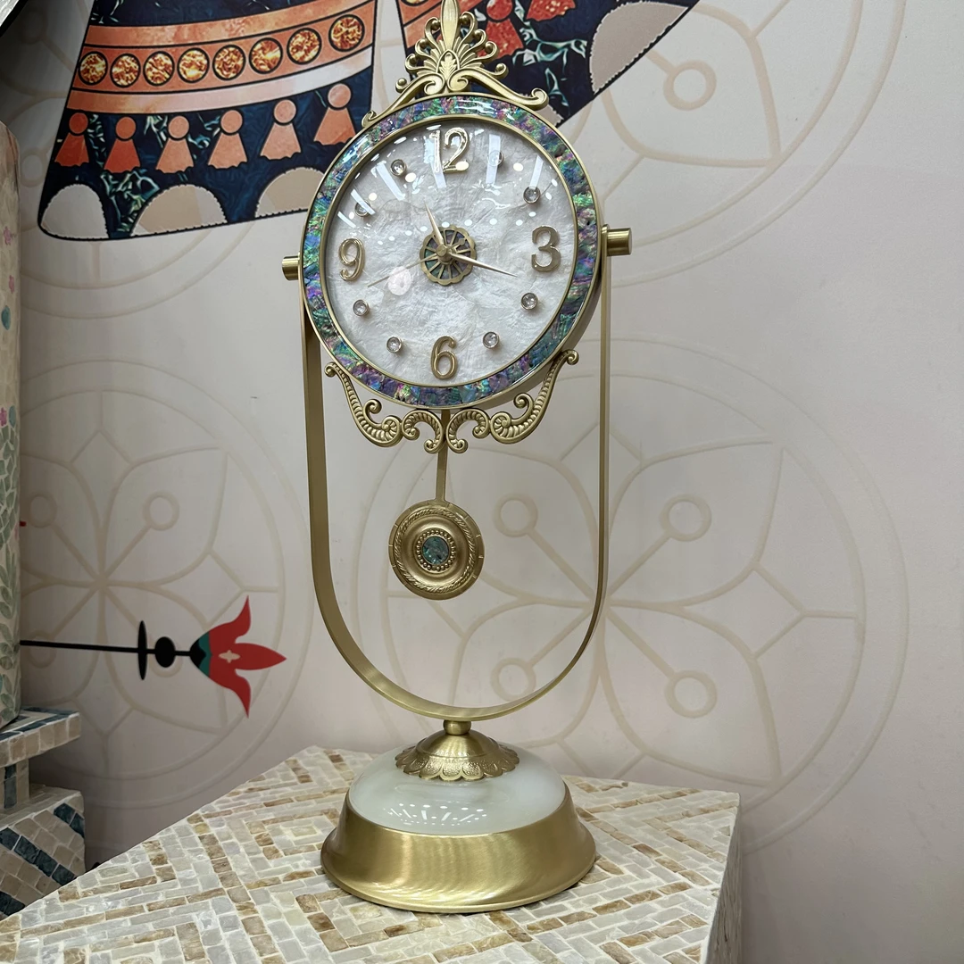 CC-黄铜贝壳镶嵌静音摆钟座钟 高53CM直径20CM