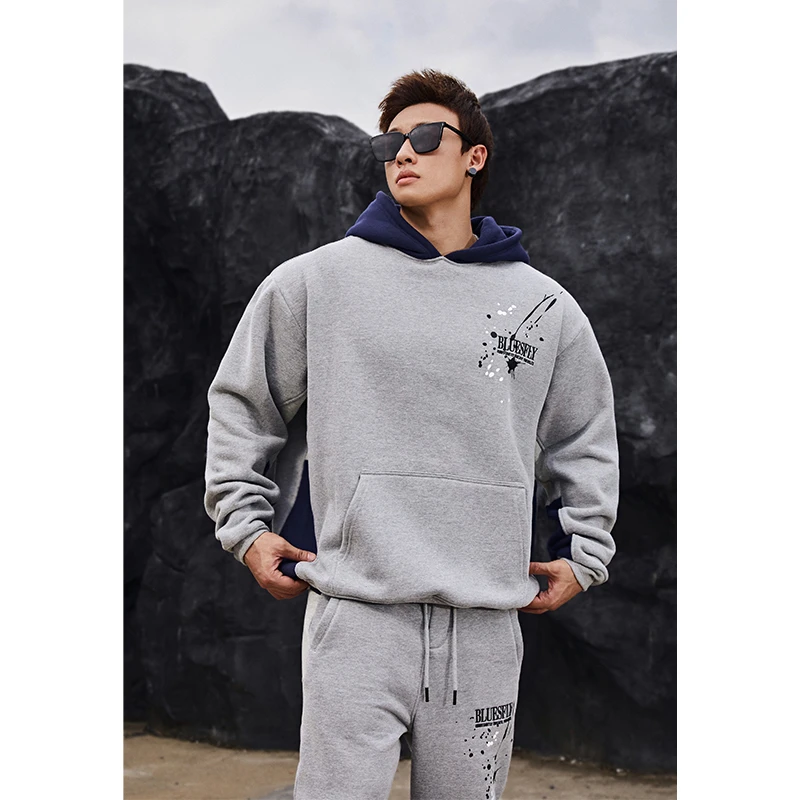 BLUESFLY美式运动卫衣男秋冬连帽宽松加绒加厚套头衫休闲健身长袖