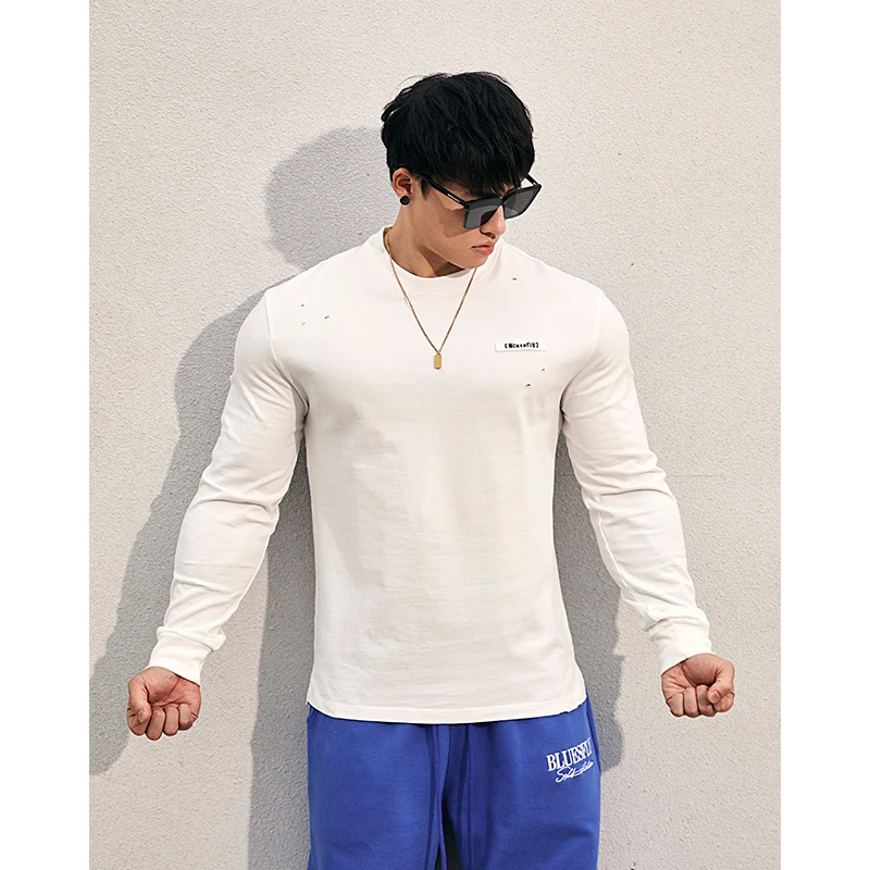 BLUESFLY肌肉男秋冬基础款破洞弹力修身健身衣服训练服运动卫衣男