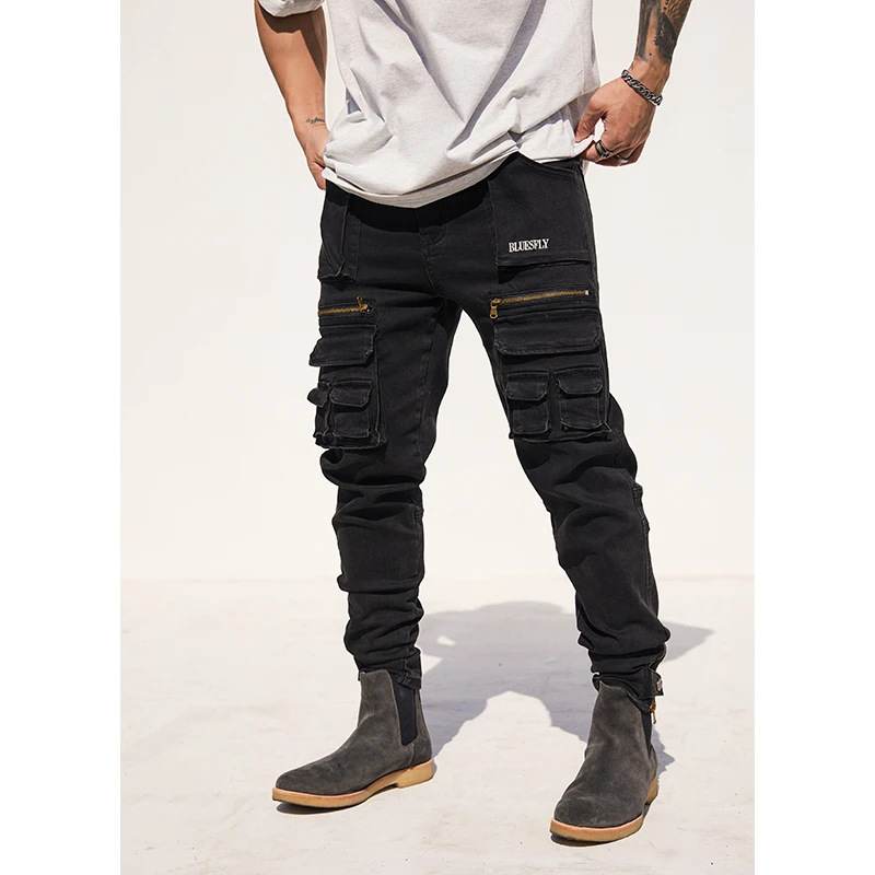 BLUESFLY 复古水洗牛仔裤男春季潮牌美式立体多口袋设计感长裤