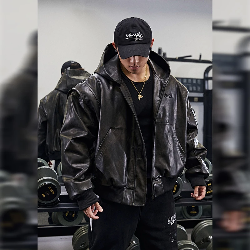BLUESFLY运动玩咖美式复古皮衣外套秋冬潮牌连帽机车休闲夹克上衣