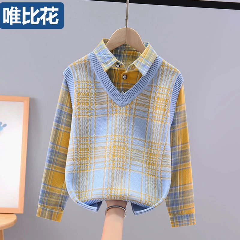 男童假两件针织衫2024春秋新款帅气中大童男孩毛衣儿童背心衬衫领