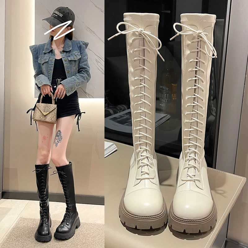 厚底绑带骑士靴女2023新款圆头粗跟不过膝高筒长靴网红时尚长筒靴