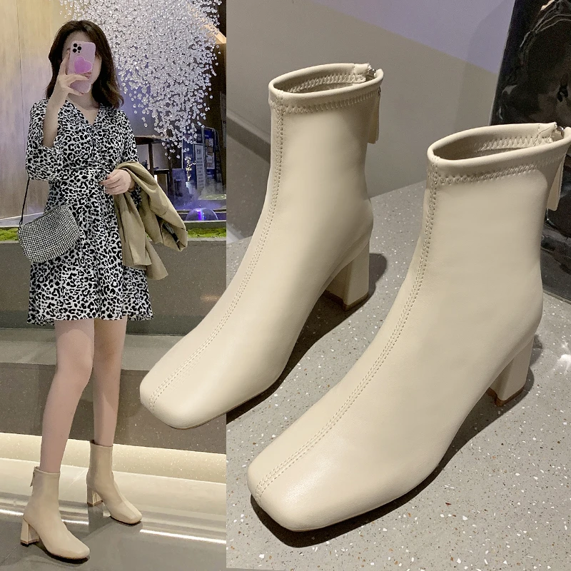 韩版时尚粗跟马丁靴女2024年新款英伦风法式中跟短靴百搭瘦瘦靴