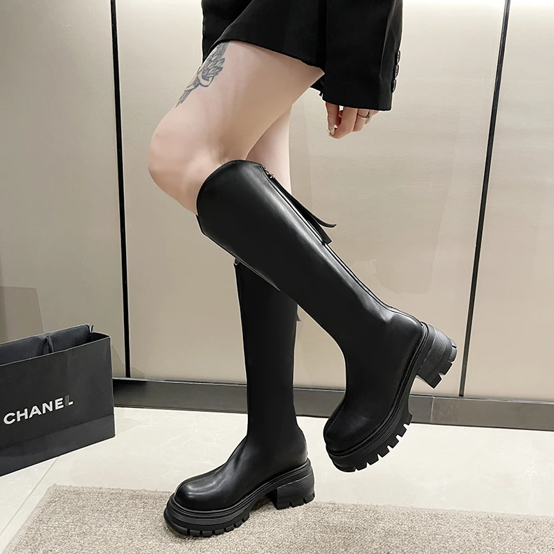 厚底高筒靴女秋季新款英伦风小个子粗跟高筒显瘦不过膝骑士靴8262
