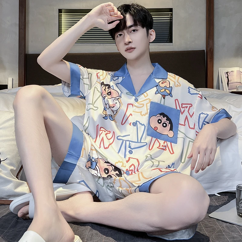 凉感冰丝男款睡衣短袖夏季卡通薄款学生青少年男士大码家居服网红