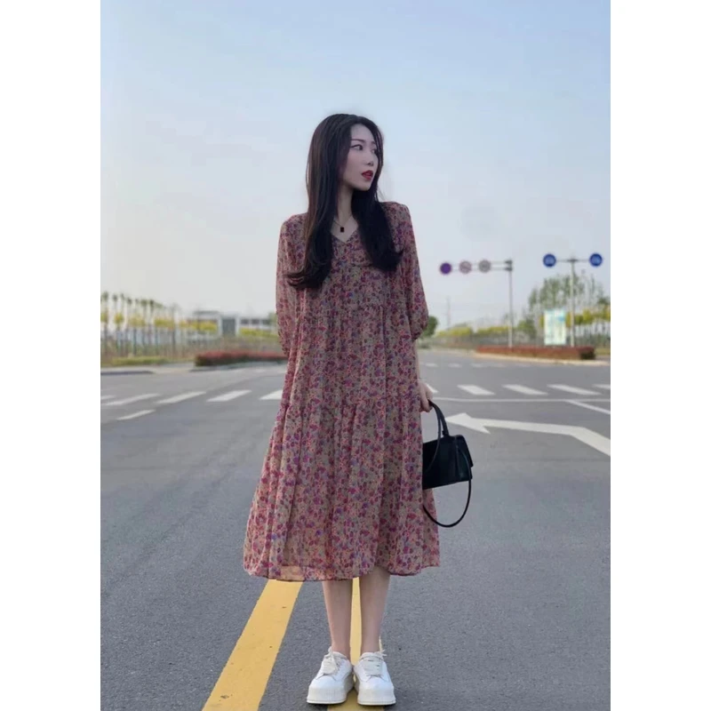 夏季新款法式茶歇抽绳收腰雪纺碎花长裙宽松超仙海边度假连衣裙女