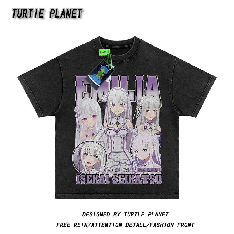 龟星球爱蜜莉雅印花T恤动漫二次元夏季宽松美式复古水洗做旧短袖