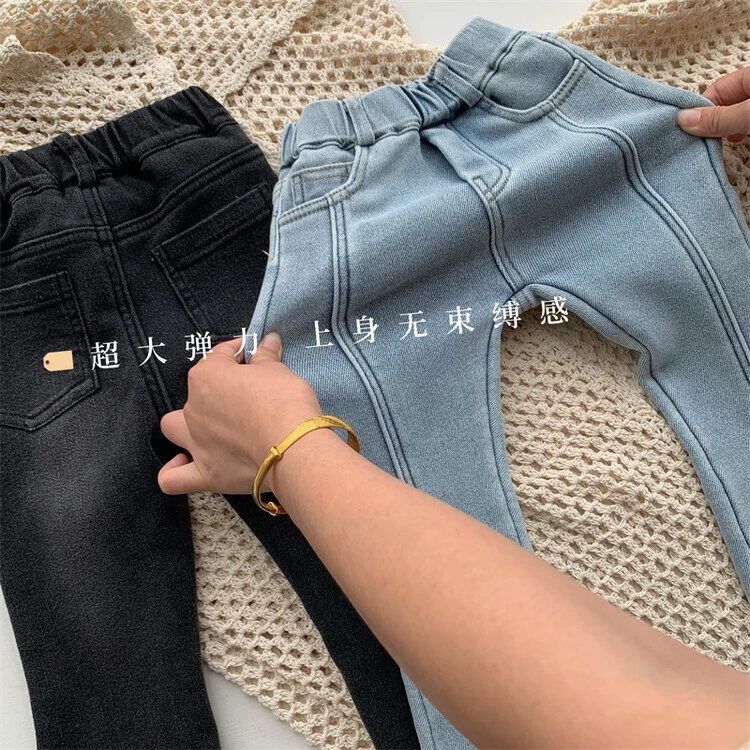 女童加绒牛仔裤秋冬款2023新款外穿童装儿童冬季裤子女大童微喇裤