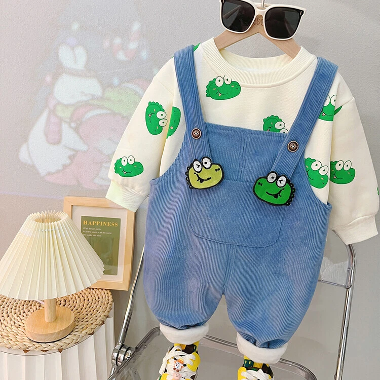 男童加绒背带裤套装秋冬2023新款帅气儿童衣服一岁宝宝冬装两件套