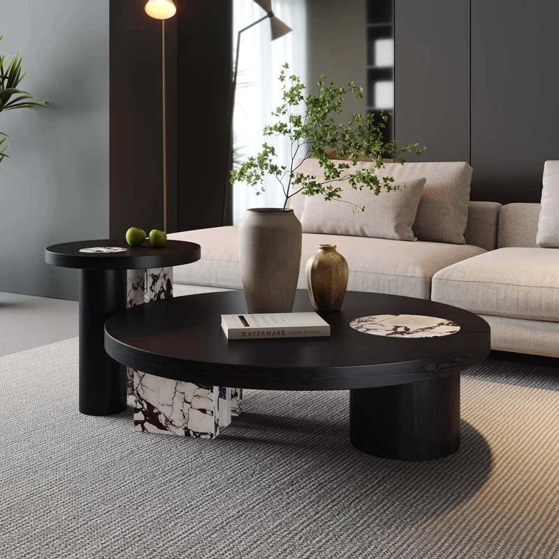 日式中古茶几圆形实木复古轻奢风格茶几客厅小户型宝格丽黑茶几