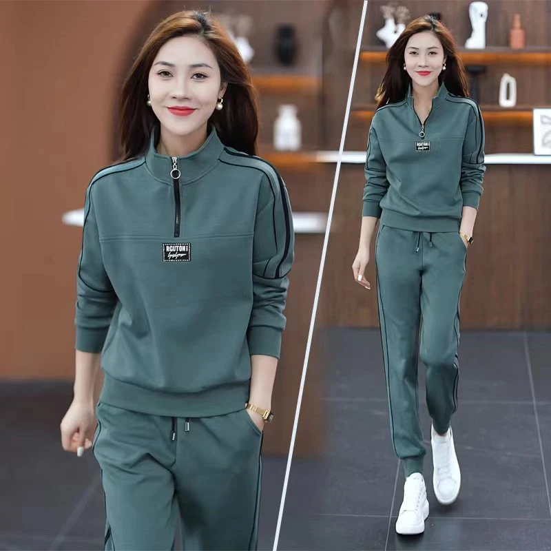 运动套装女早秋季2023新款春时尚洋气大码立领卫衣休闲跑步两件套