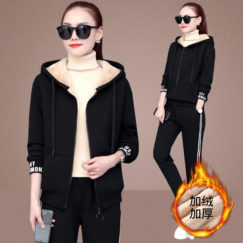 冬款运动套装女冬装加绒加厚大码连帽时尚休闲卫衣棉服开衫两件套