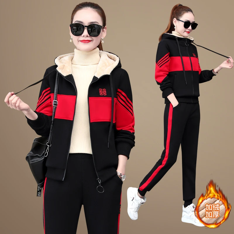 妈妈运动服套装女秋季冬季新款洋气时尚加绒加厚保暖休闲运动套装