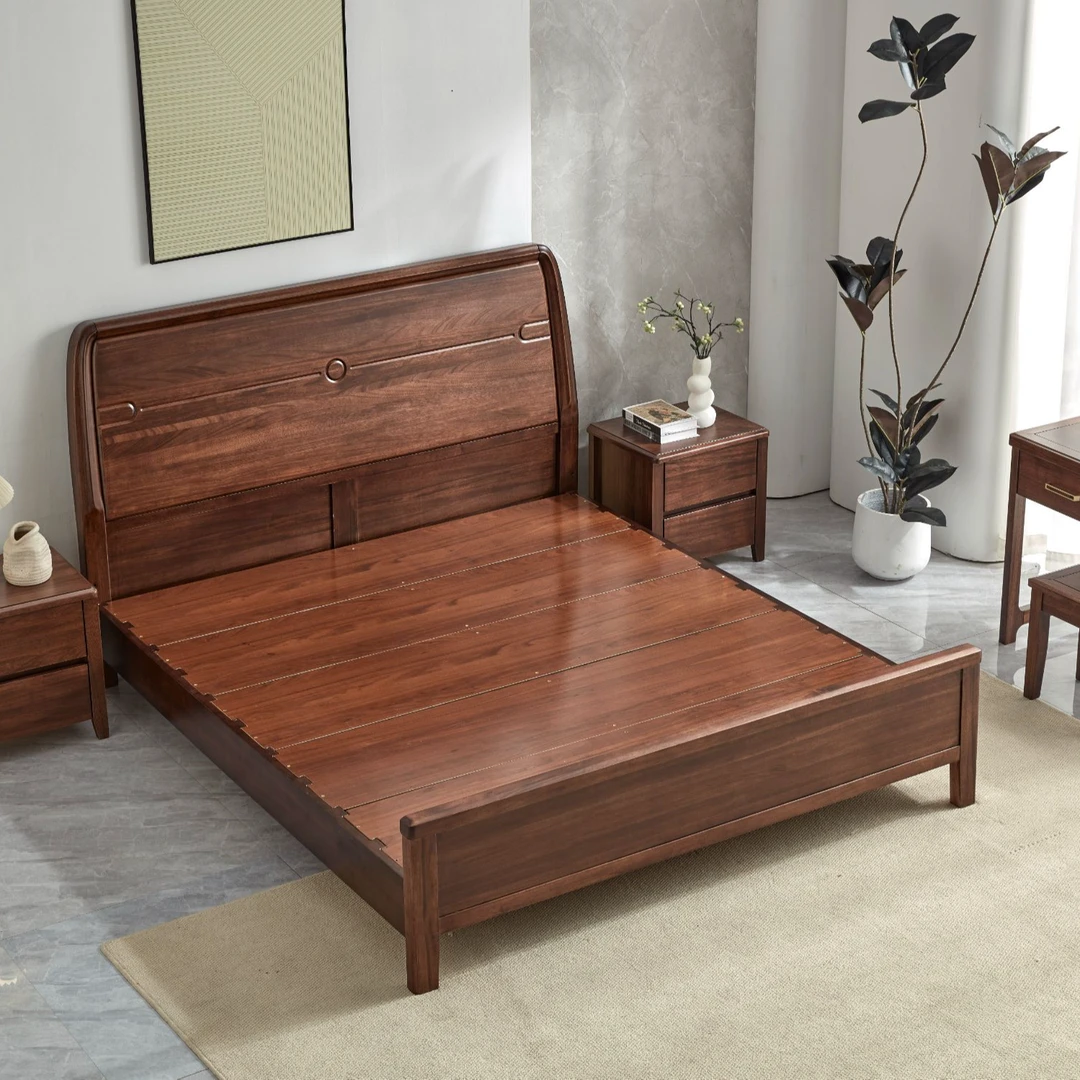 5503#南美黑胡桃实木大床双人现代简约1.8米主卧婚床小户型齐边床