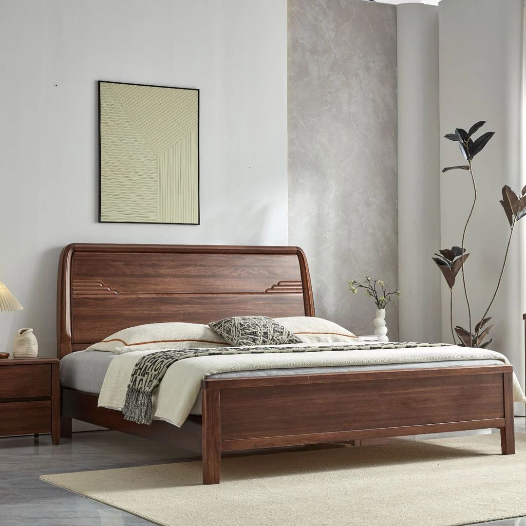 5505#南美黑胡桃实木大床双人现代简约1.8米主卧婚床小户型齐边床