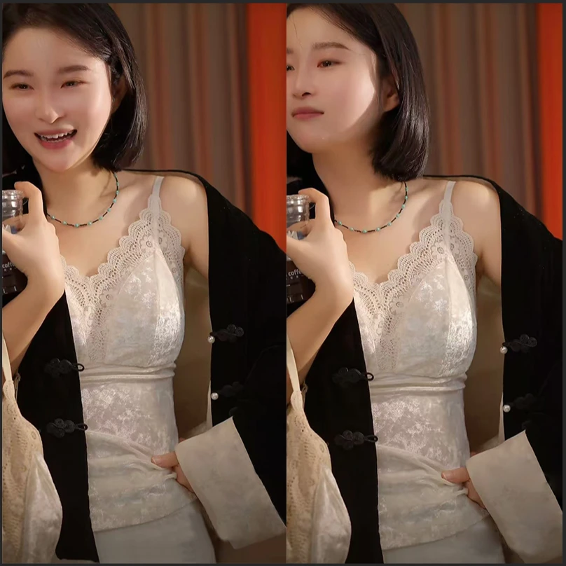 万络媞1042金丝绒秋冬磨毛时尚蕾丝轻奢一体式带杯垫女士背心